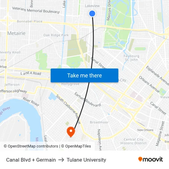 Canal Blvd + Germain to Tulane University map