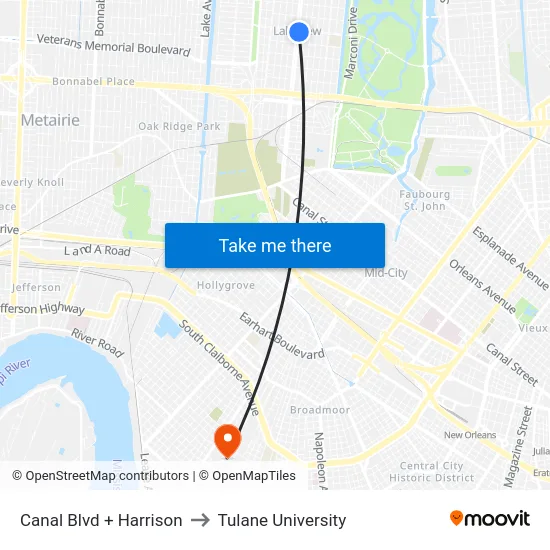 Canal Blvd + Harrison to Tulane University map