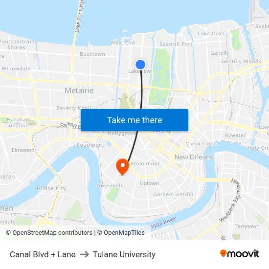 Canal Blvd + Lane to Tulane University map