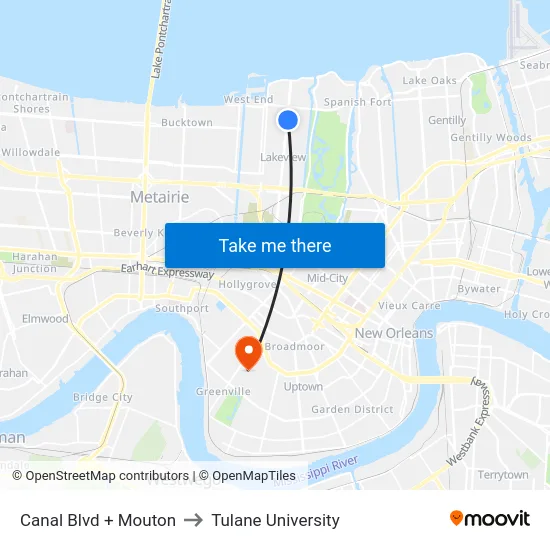 Canal Blvd + Mouton to Tulane University map