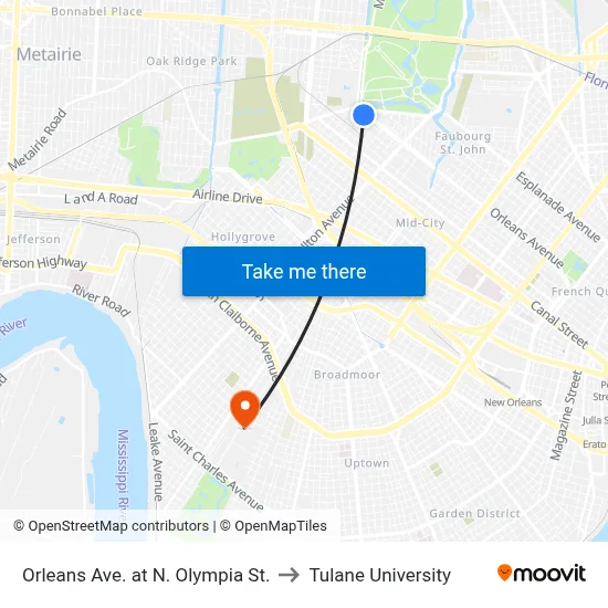 Orleans Ave. at N. Olympia St. to Tulane University map