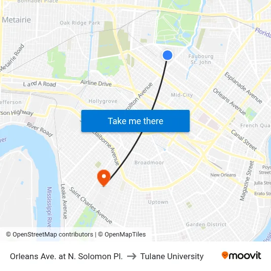 Orleans Ave. at N. Solomon Pl. to Tulane University map