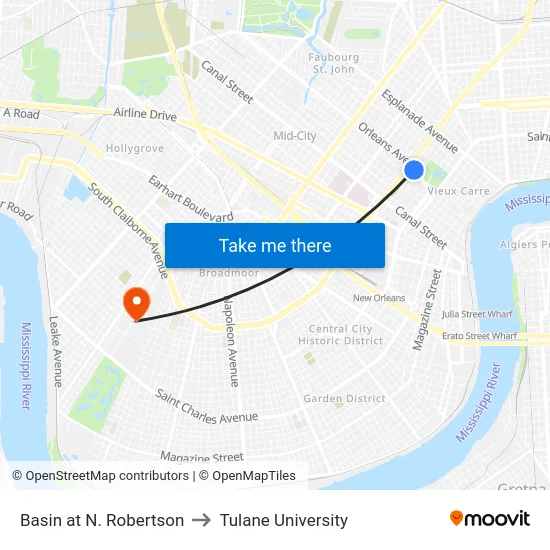 Basin at N. Robertson to Tulane University map