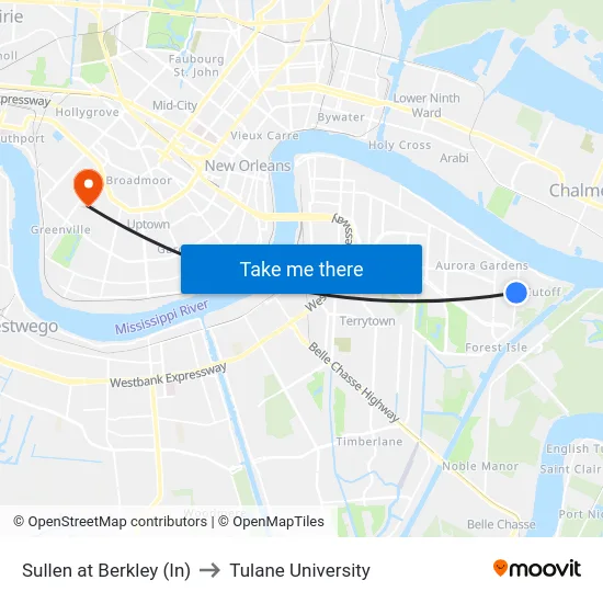 Sullen at Berkley (In) to Tulane University map