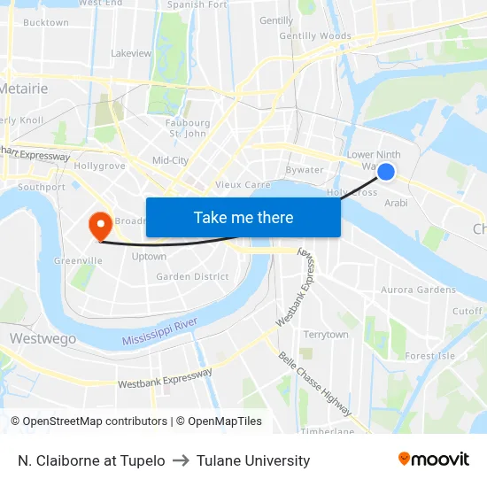 N. Claiborne at Tupelo to Tulane University map