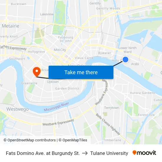 Fats Domino Ave. at Burgundy St. to Tulane University map