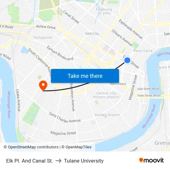 Elk Pl. And Canal St. to Tulane University map