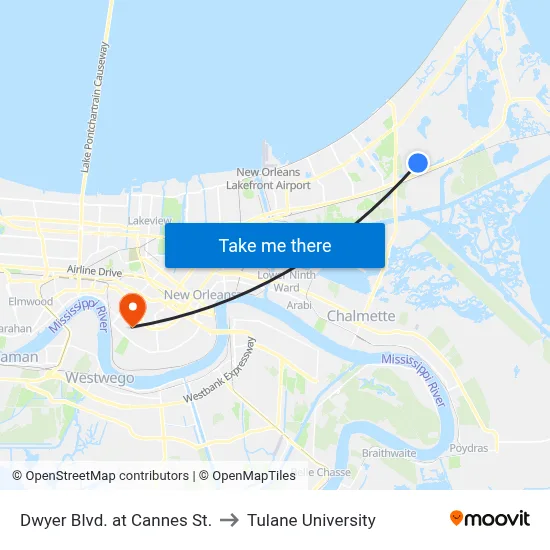 Dwyer Blvd. at Cannes St. to Tulane University map