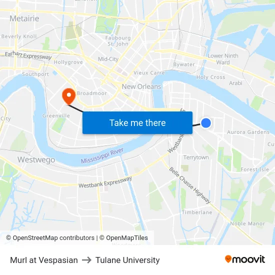 Murl at Vespasian to Tulane University map