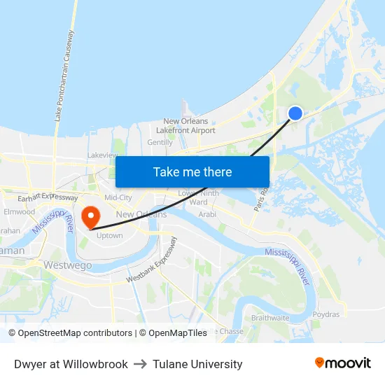 Dwyer at Willowbrook to Tulane University map