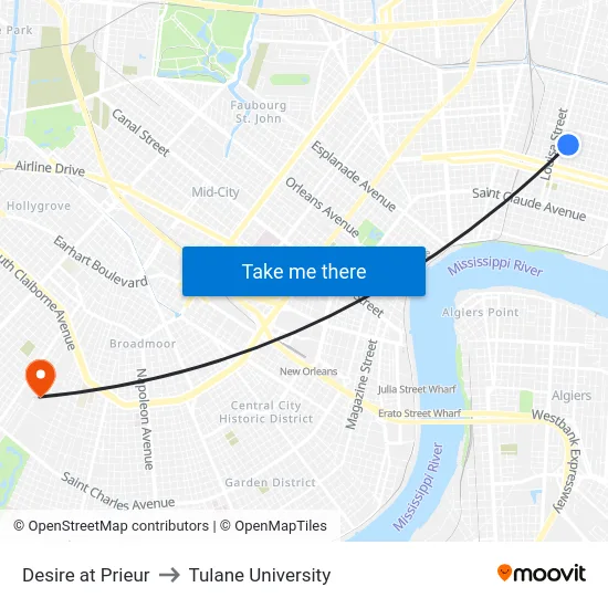 Desire at Prieur to Tulane University map