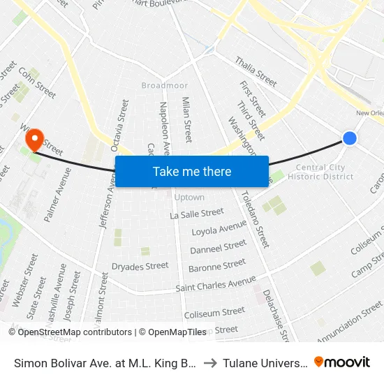 Simon Bolivar Ave. at M.L. King Blvd. to Tulane University map