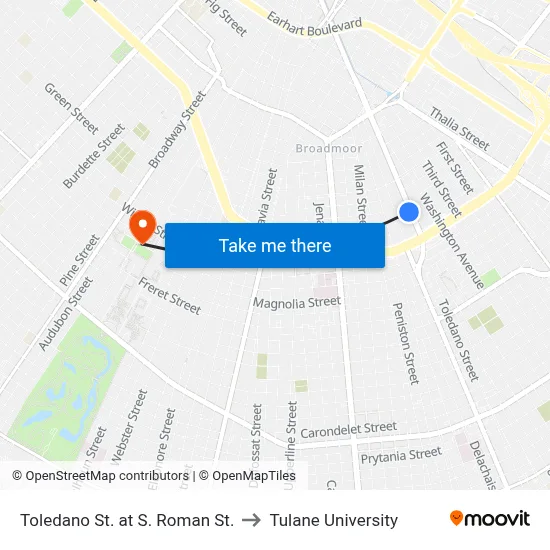 Toledano St. at S. Roman St. to Tulane University map