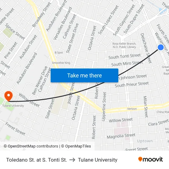 Toledano St. at S. Tonti St. to Tulane University map