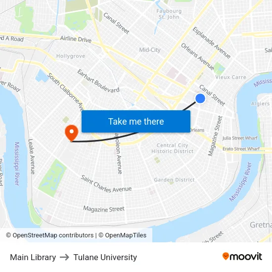 Main Library to Tulane University map