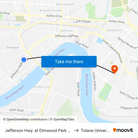 Jefferson Hwy. at Elmwood Park Blvd. to Tulane University map