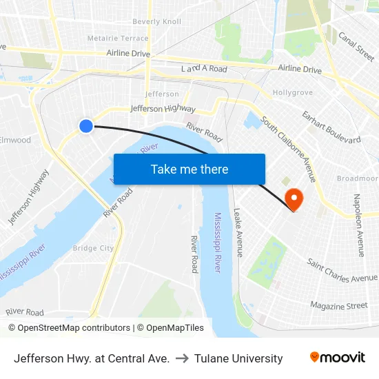 Jefferson Hwy. at Central Ave. to Tulane University map