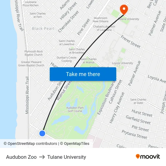Audubon Zoo to Tulane University map