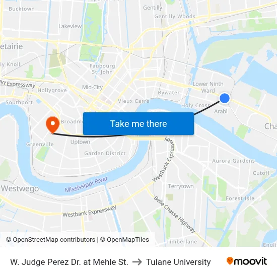 W. Judge Perez Dr. at Mehle St. to Tulane University map