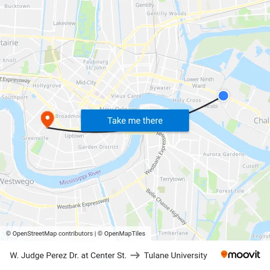 W. Judge Perez Dr. at Center St. to Tulane University map