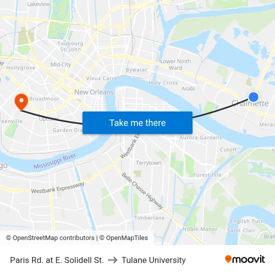 Paris Rd. at E. Solidell St. to Tulane University map