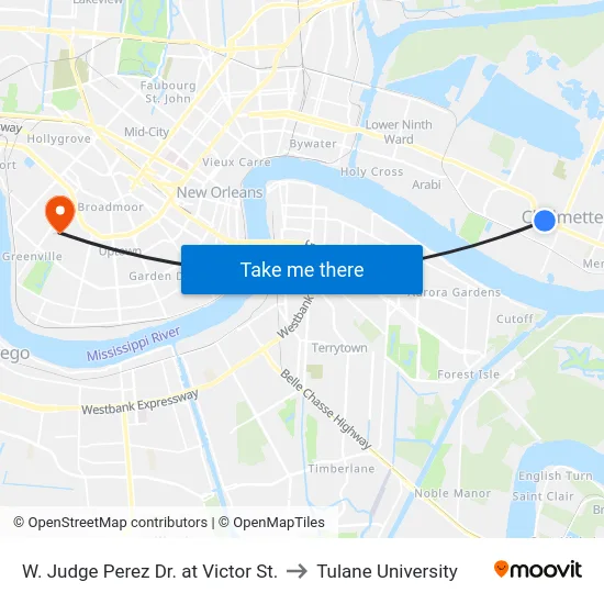 W. Judge Perez Dr. at Victor St. to Tulane University map