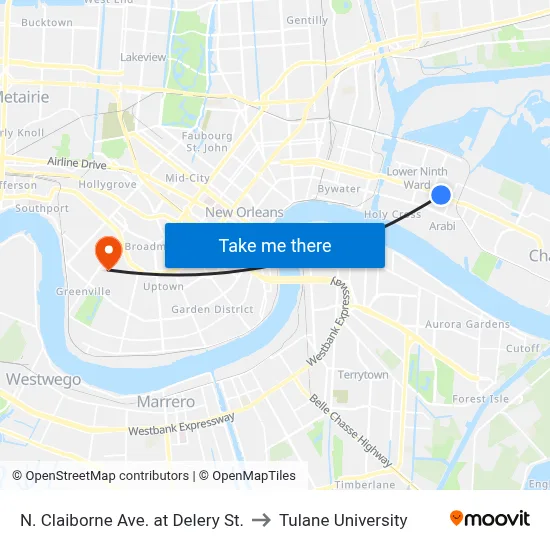 N. Claiborne Ave. at Delery St. to Tulane University map