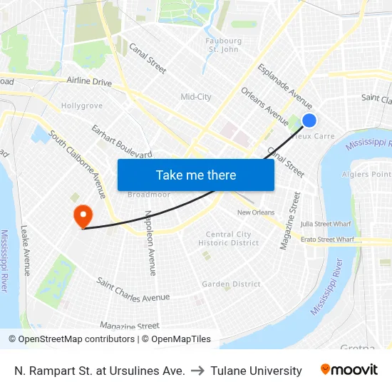 N. Rampart St. at Ursulines Ave. to Tulane University map