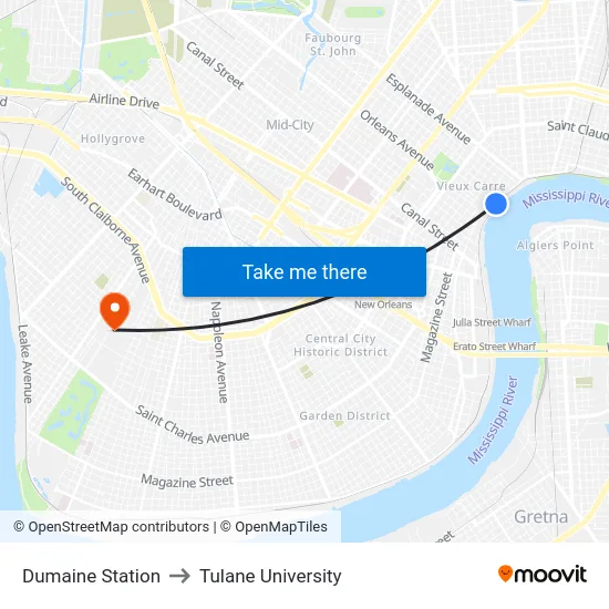 Dumaine Station to Tulane University map