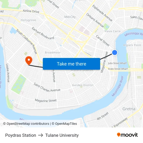 Poydras Station to Tulane University map