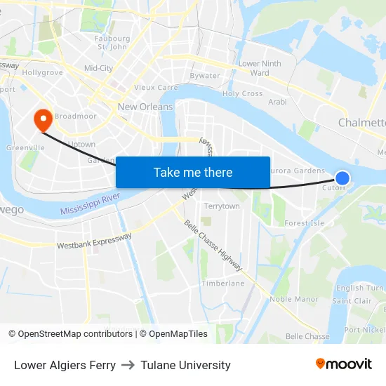 Lower Algiers Ferry to Tulane University map