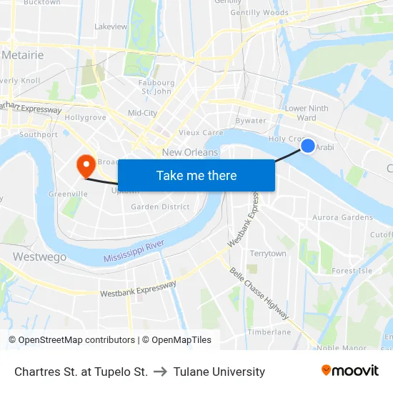 Chartres St. at Tupelo St. to Tulane University map
