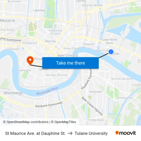 St Maurice Ave. at Dauphine St. to Tulane University map
