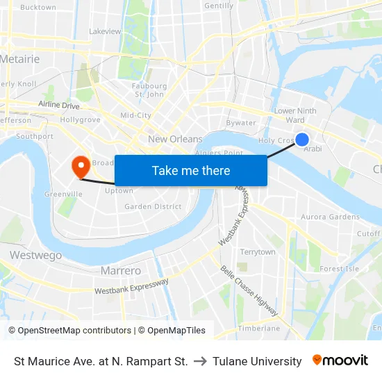 St Maurice Ave. at N. Rampart St. to Tulane University map