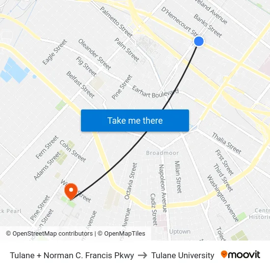 Tulane + Norman C. Francis Pkwy to Tulane University map