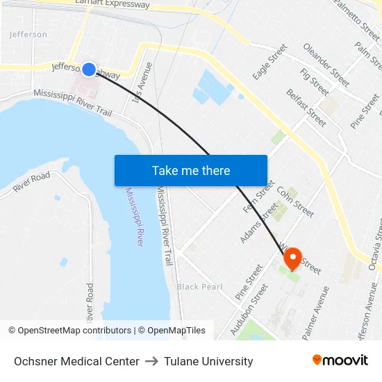 Ochsner Medical Center to Tulane University map