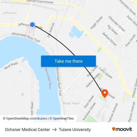 Ochsner Medical Center to Tulane University map