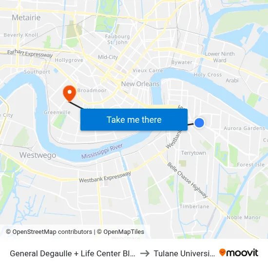 General Degaulle + Life Center Blvd to Tulane University map