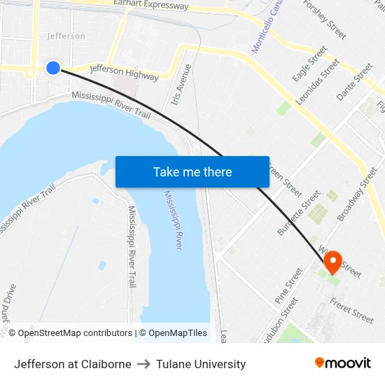 Jefferson at Claiborne to Tulane University map