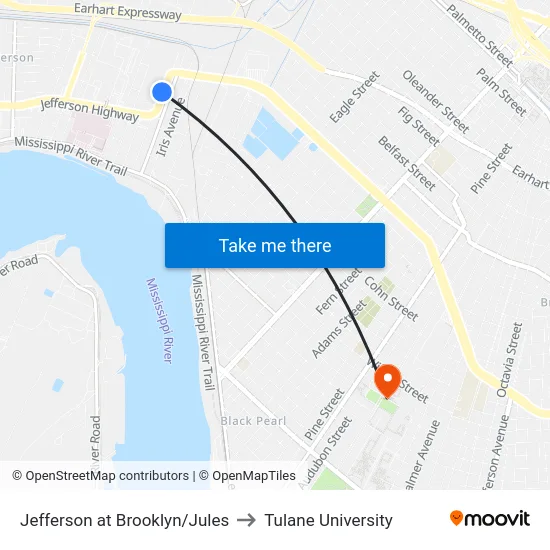 Jefferson at Brooklyn/Jules to Tulane University map
