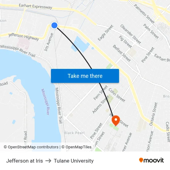 Jefferson at Iris to Tulane University map