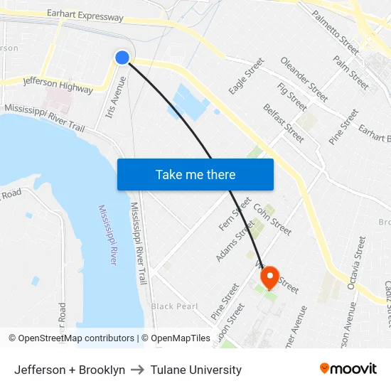Jefferson + Brooklyn to Tulane University map