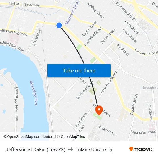 Jefferson at Dakin (Lowe'S) to Tulane University map