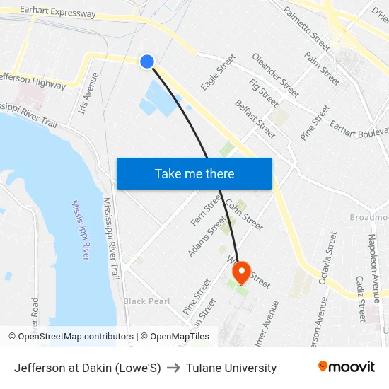 Jefferson at Dakin (Lowe'S) to Tulane University map