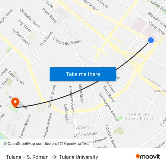 Tulane + S. Roman to Tulane University map