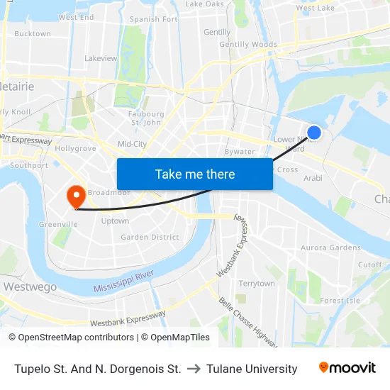 Tupelo St. And N. Dorgenois St. to Tulane University map