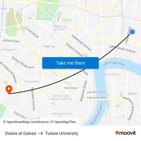 Desire at Galvez to Tulane University map