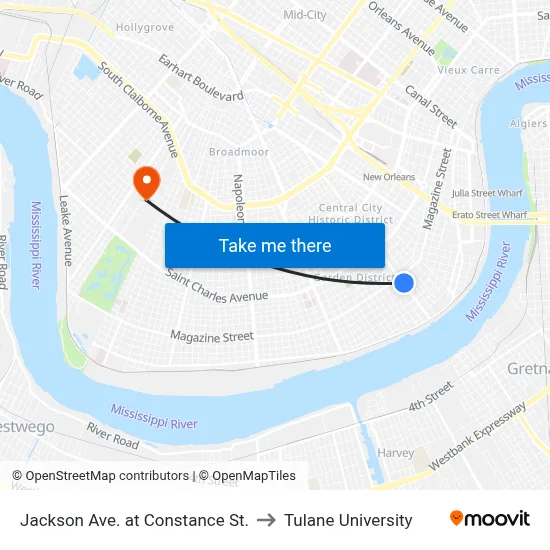Jackson Ave. at Constance St. to Tulane University map