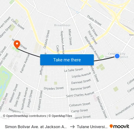 Simon Bolivar Ave. at Jackson Ave. to Tulane University map