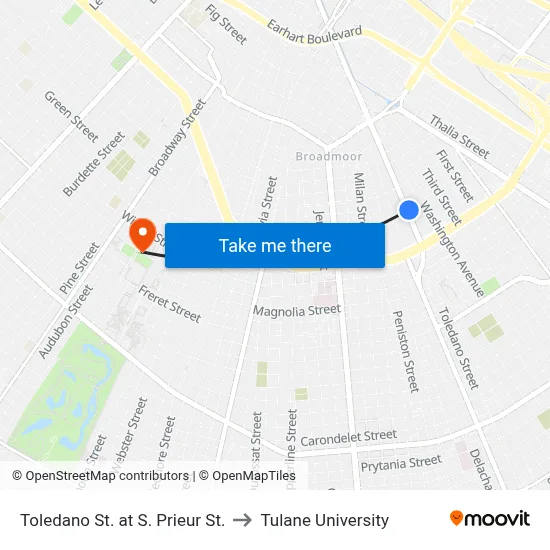Toledano St. at S. Prieur St. to Tulane University map
